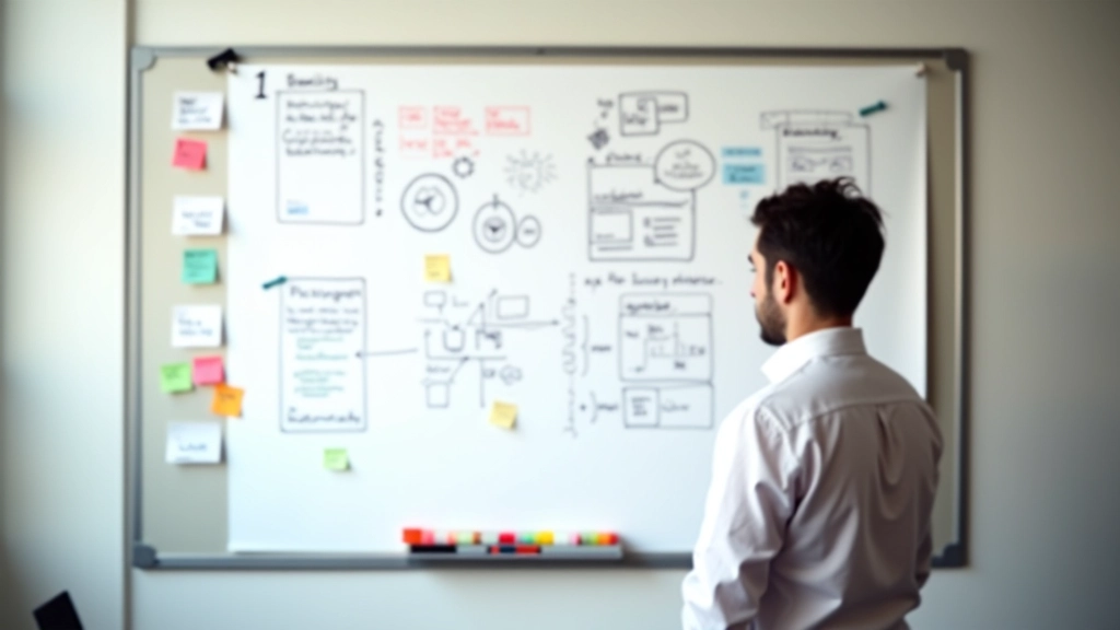 Stratégie de développement de marque affichée sur un tableau blanc avec diagrammes et notes