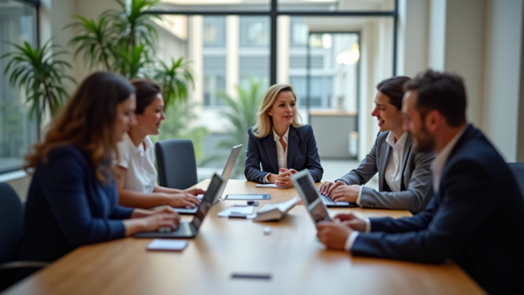 Groupe de personnes se réunissant autour d'une table de conférence avec ordinateurs portables et documents, montrant la collaboration active et l'engagement