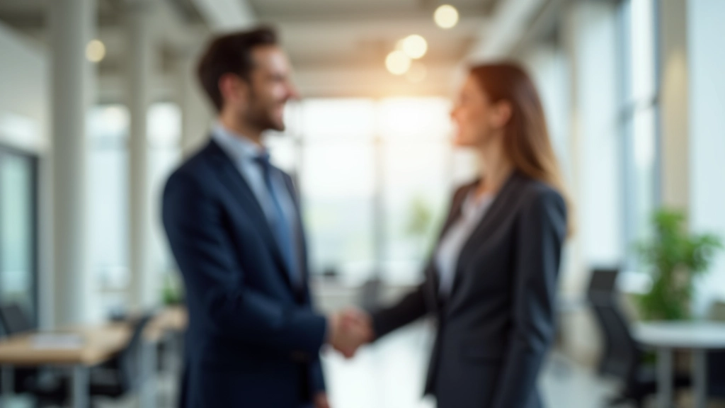 Deux personnes se serrant la main dans un environnement professionnel lumineux, symbolisant la confiance et le partenariat