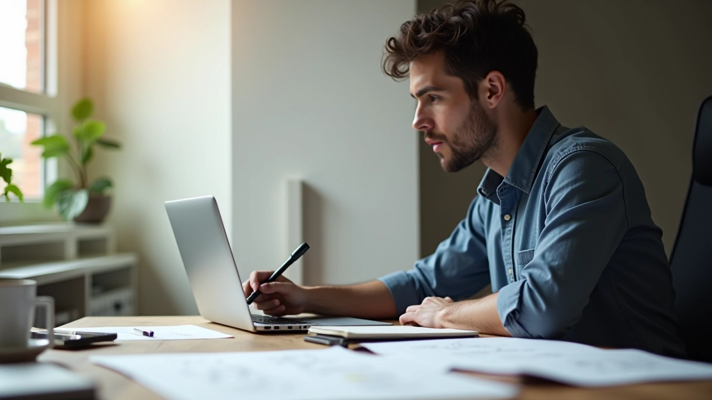 Personne travaillant sur un ordinateur portable avec des notes et des plans de produit éparpillés sur le bureau