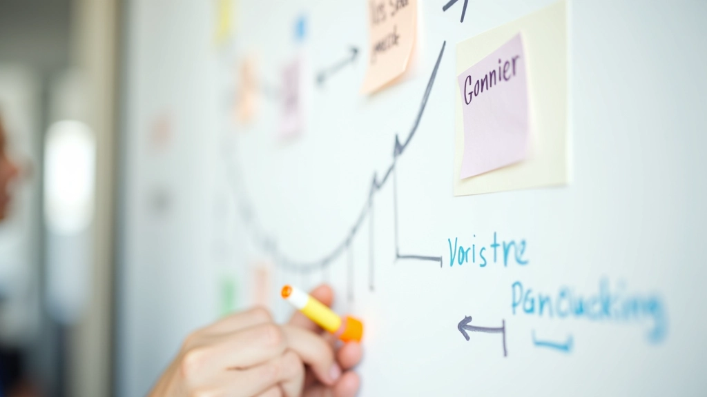Tableau blanc avec diagramme de stratégie de croissance et notes manuscrites montrant une progression de phases
